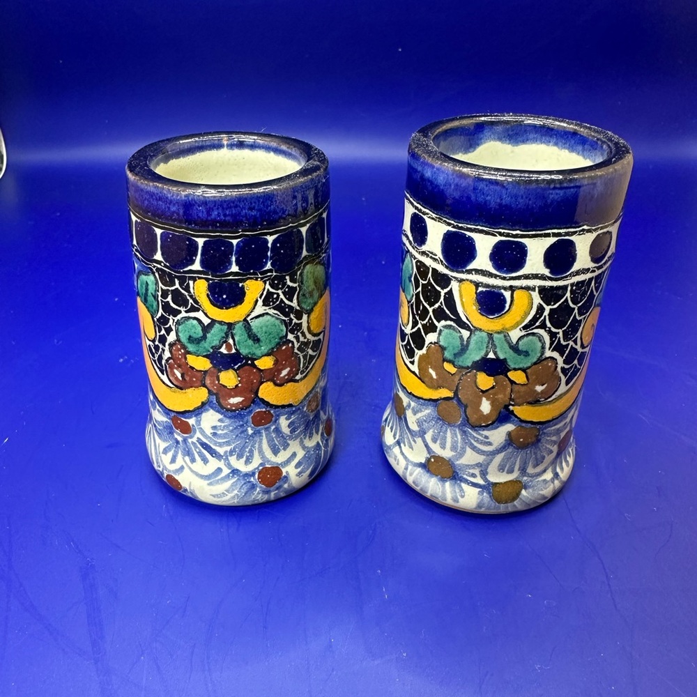 Talavera Shot Glasses. Blue yellow and white.